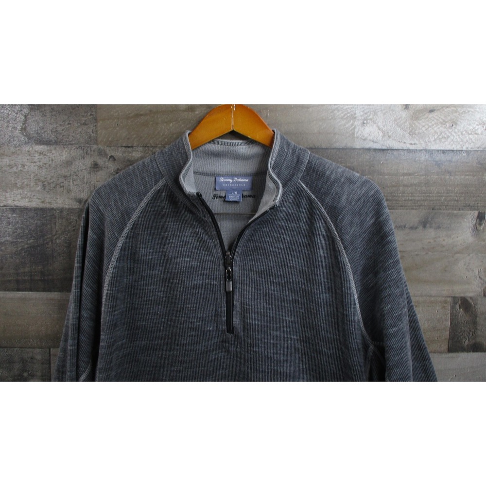 Tommy Bahama Sweater Mens Large Gray Reversible Half Zip Pullover Cotton Tencel
